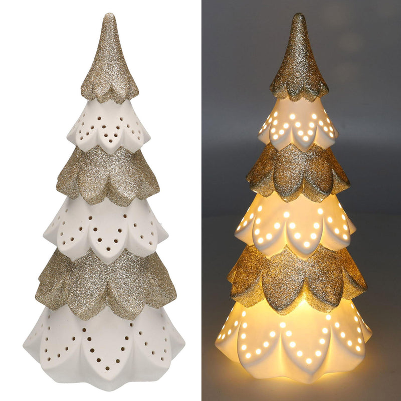 Albero di Natale in ceramica bianco oro con Led cm Ø14xh29-2