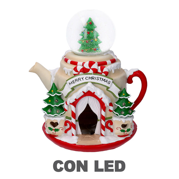 sconto Théière de Noël en Résine avec Led avec boule de verre rouge 25x22x28 cm