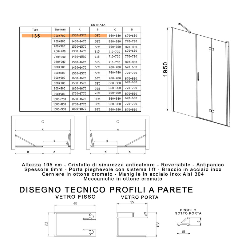 Porta Parete Doccia 1 Anta a Libro in Cristallo Trasparente 6mm H195 Bonussi Lorena Varie Misure-7