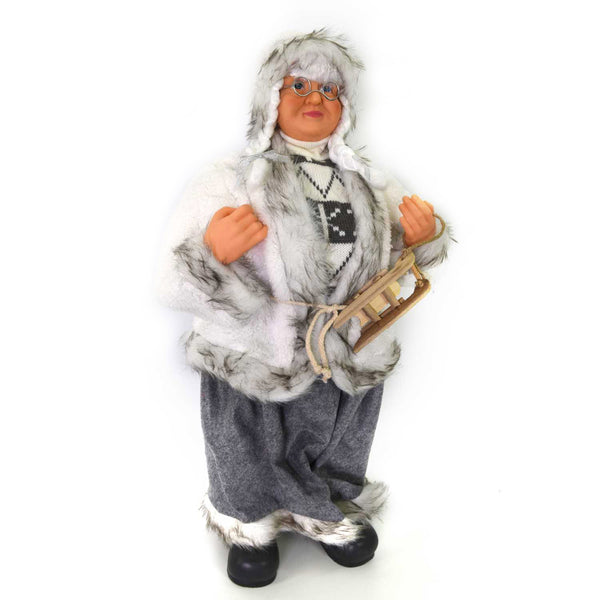 sconto Marionnette Père Noël en tissu femme avec traîneau gris 35x17xh60 cm