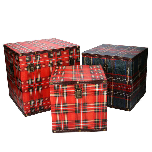 sconto Lot de 3 coffrets carrés en simili cuir tartan