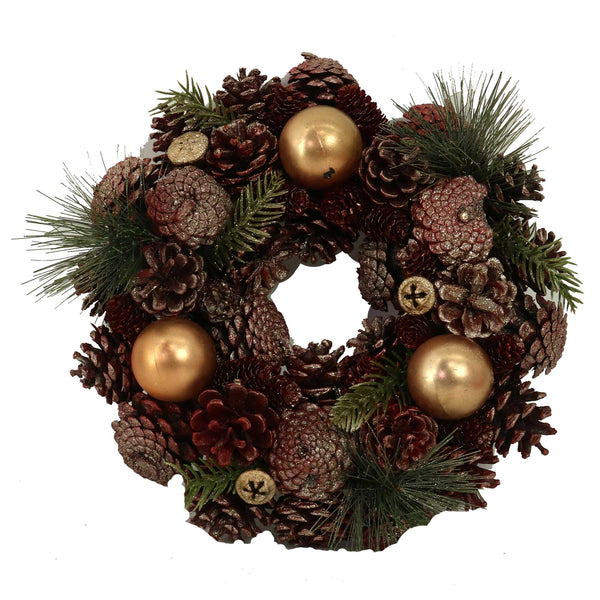 Couronne avec boules dorées et pommes de pin amarante Ø30xh8,5 cm sconto