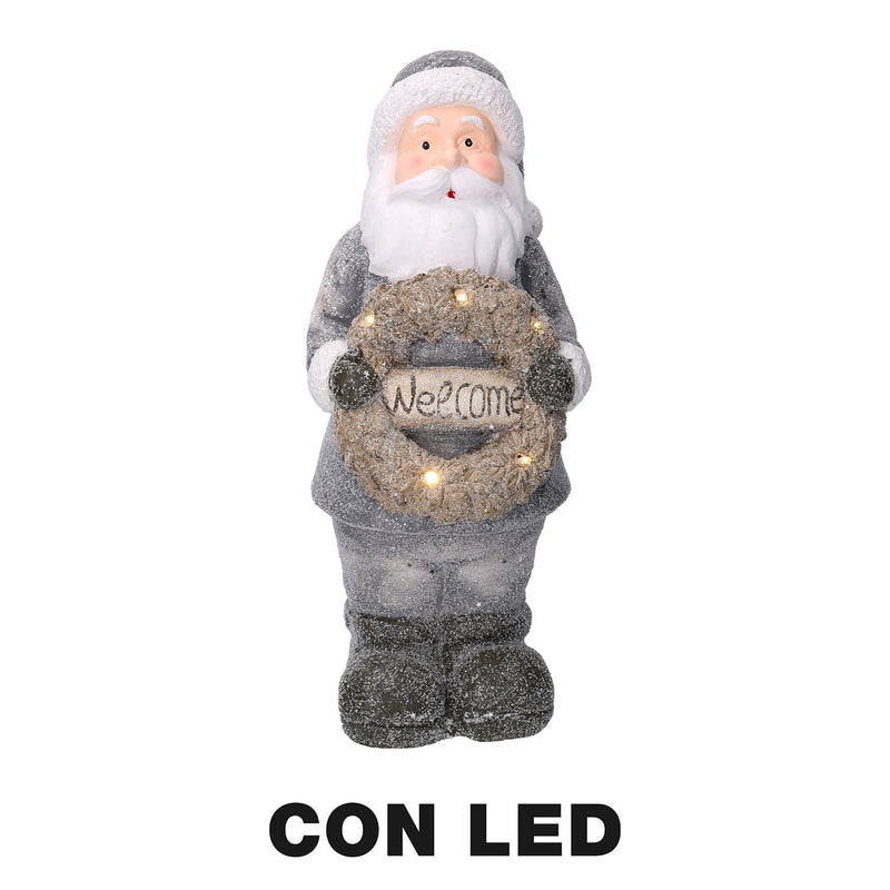 Pupazzo Babbo Natale in Resina con Led con ghirlanda grigio cm 21,5x19,5xh51-1