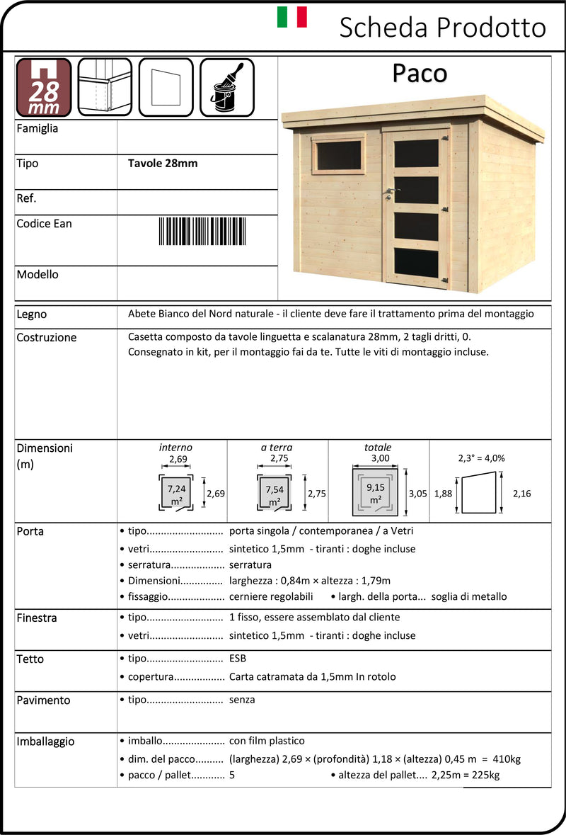 Casetta Box da Giardino per Attrezzi 3x3,05m Senza Pavimento in Legno Abete 28mm Paco-3