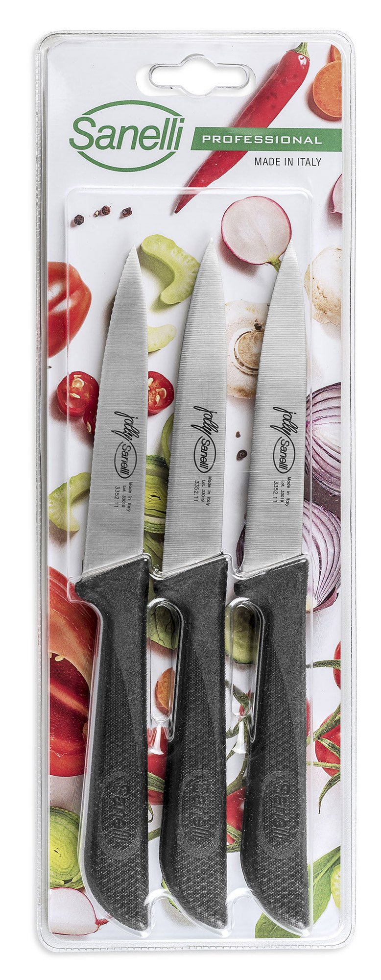 Set 3 Coltelli Spelucchino Microseghettato per Verdura e Frutta Lama 11 cm Sanelli Jolly Nero-1