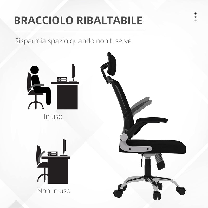 Sedia Poltrona Direzionale da Ufficio 66x69x116-126 cm Braccioli Ribaltabili in Tessuto a Rete Nero-8