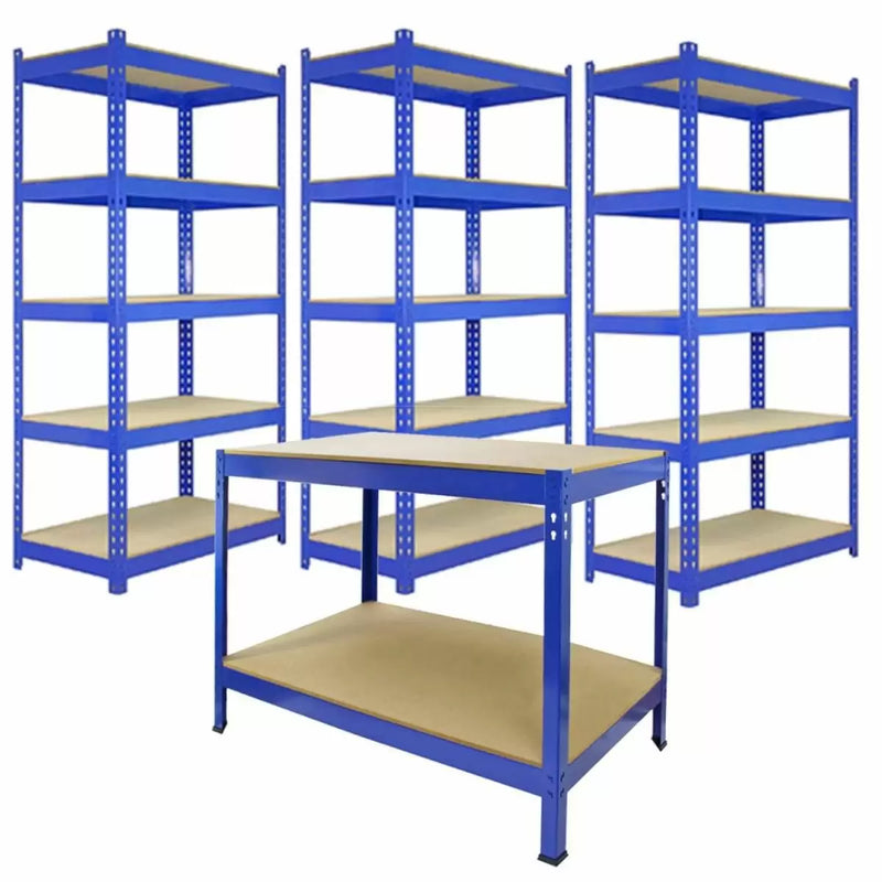 Set 3 Scaffali ad Incastro con Banco da lavoro da 120 cm Piani in MDF Struttura in Acciaio Blu-1