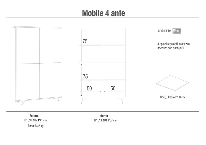 Mobile Multiuso 4 Ante 107x169x41 cm Ossido Nero/Ossido Bianco-2