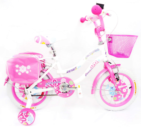 online Vélo fille 12" 2 freins avec panier et sacoches latérales blanches et roses