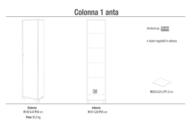 Armadio 1 Anta 43x190x29 cm Noce Stelvio-2