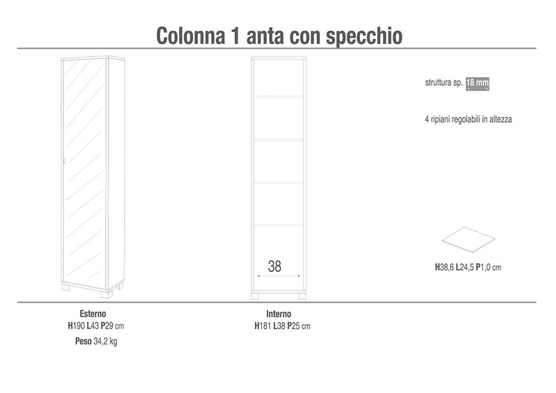 Armadio 1 Anta con Specchio 43x190x29 cm Ossido Nero-2