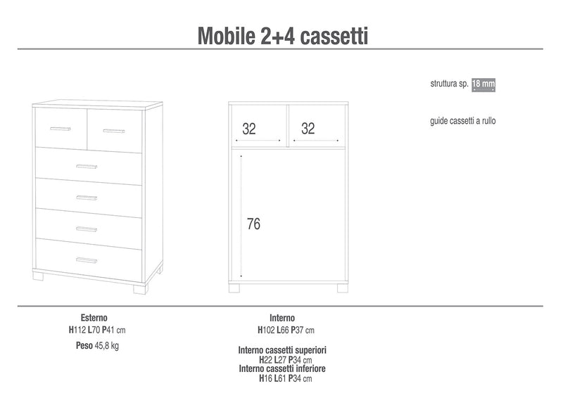 Cassettiera 4+2 Cassetti 70x112x41 cm Noce Stelvio/Bianco Fiammato-2