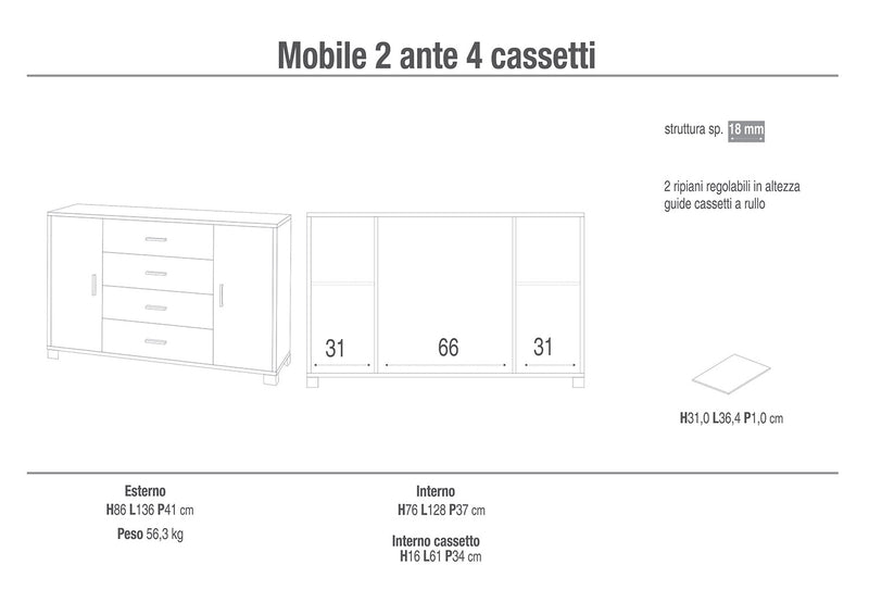 Madia 2 Ante 4 Cassetti 136x86x41 cm Ossido Nero/Cemento-2