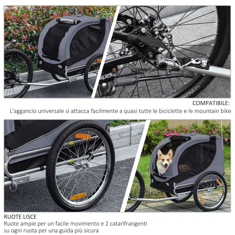 Rimorchio Bici per Cani Taglia Media con Finestre Laterali e Bandierina 130x73x90 cm  Grigio e Nero-6