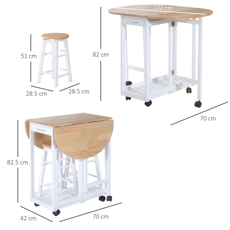 Set Tavolo Pieghevole e 2 Sgabelli Salvaspazio in Legno di Pino e MDF Bianco-3