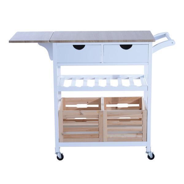 prezzo Chariot de cuisine multifonctionnel avec 2 paniers et porte-bouteilles en bois de pin blanc 70x40x86 cm