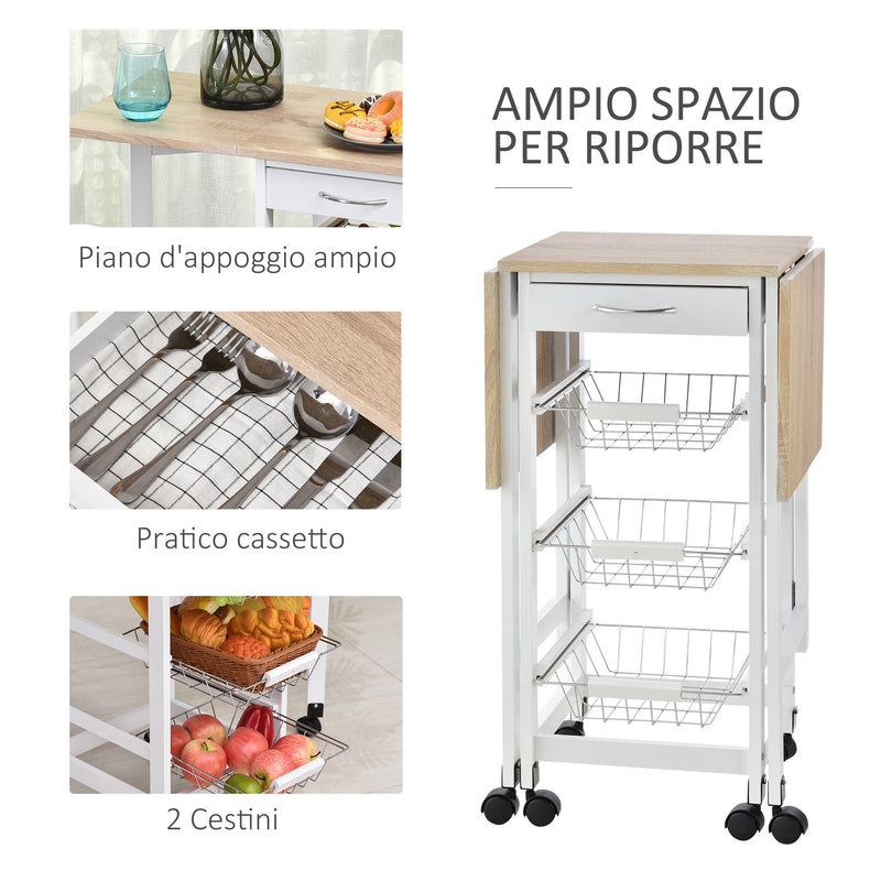 Carrello da Cucina 37x37x77,5 cm 3 Cestini 1 Cassetto e Ribalte Bianco e Legno-5