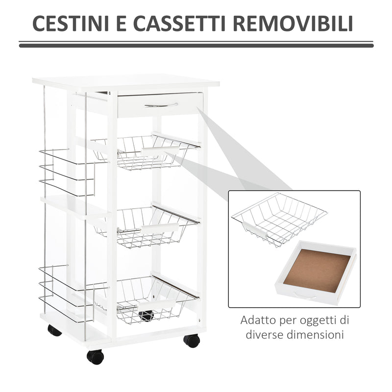 Carrello da Cucina 47x37x83 cm 3 Cesti 2 Portabottiglie  Bianco-6