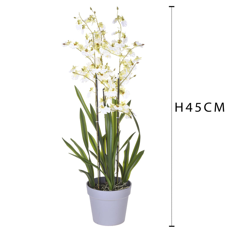 Orchidea Artificiali Oncidium a 3 Diramazioni con Vaso Altezza 45 cm Bianco-2