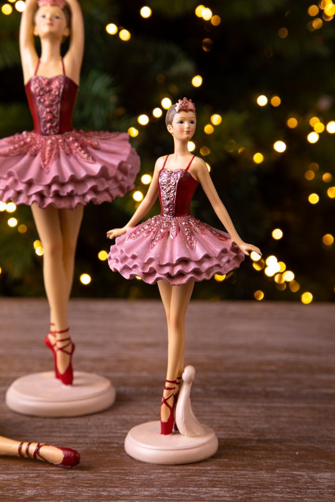 Set 2 Statuina Decorativa Ballerina su Punte 21,5 cm in Resina Rosa-3