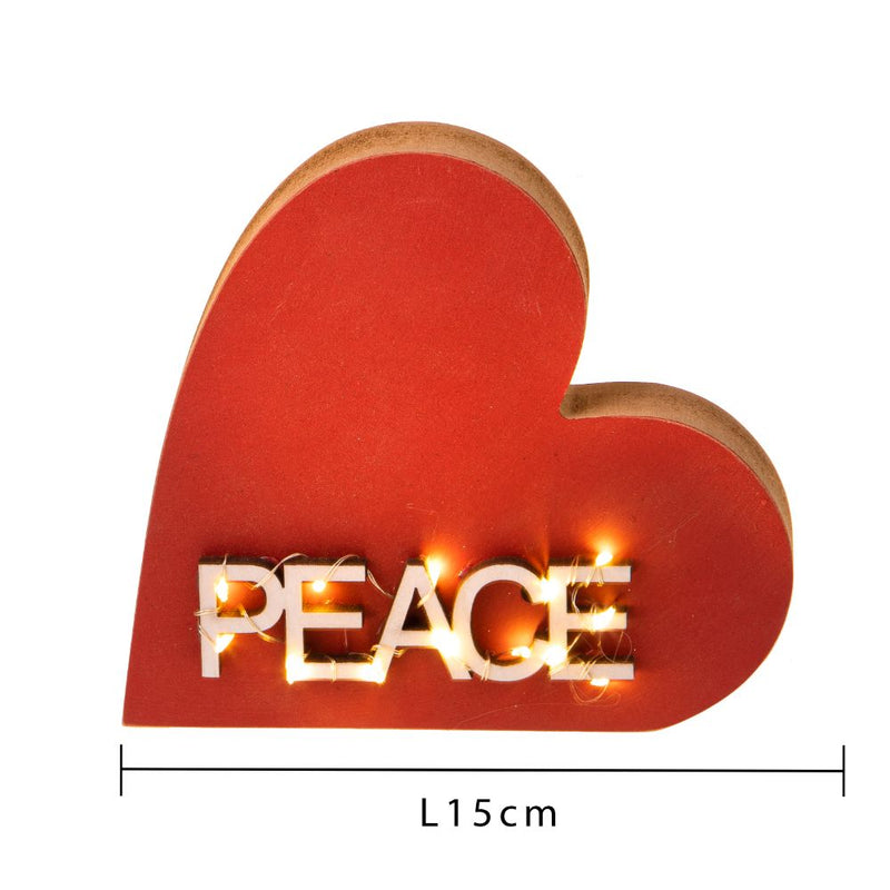 Cuore Decorativo con Scritta Peace Led 17 cm in Legno e Metallo Rosso-2