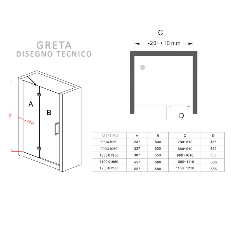 Porta Parete Doccia 1 Anta Battente in Cristallo Trasparente 8mm H195 Bonussi Ester Varie Misure-6