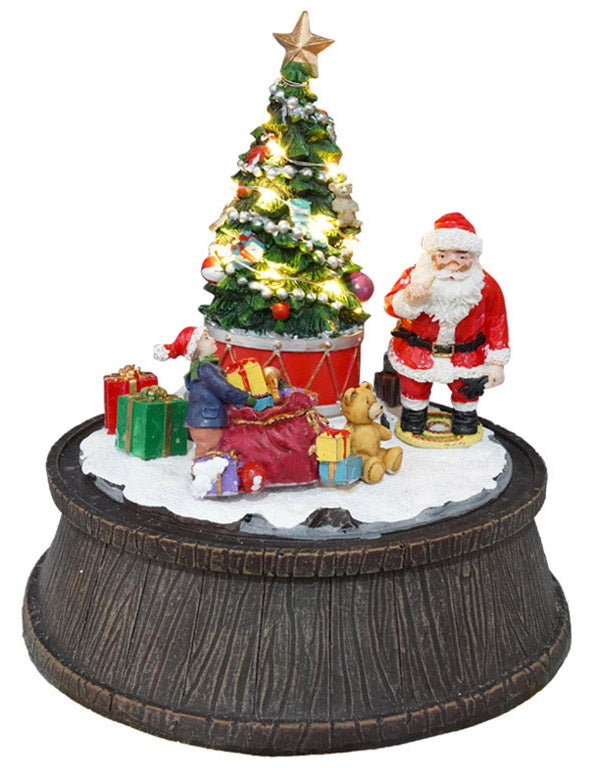 Babbo Natale con Albero e Pacchi Regalo Carillon 20,5x20,5x22,5 cm in Resina con Movimento e Luci-1