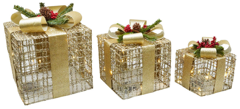 Set 3 Pacchi di Natale con LED in Plastica Oro-1