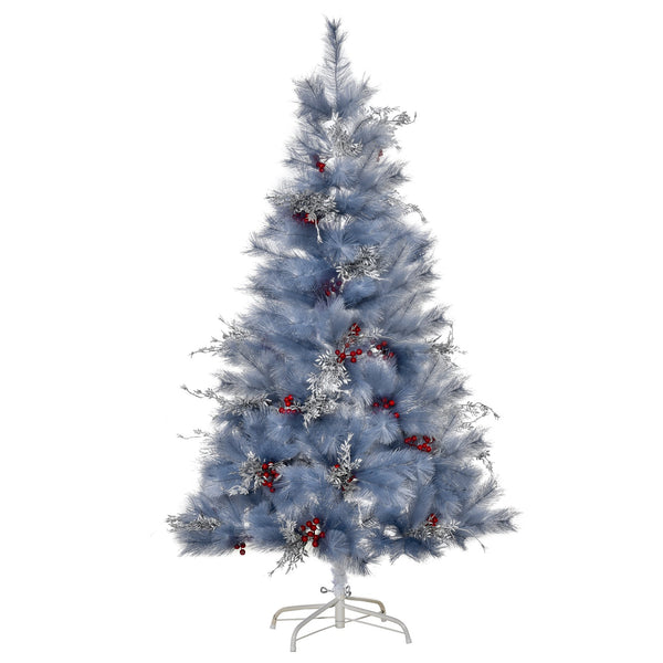 Sapin de Noël Artificiel 150 cm 222 Branches avec Feuilles d'Argent et Baies Rouges online