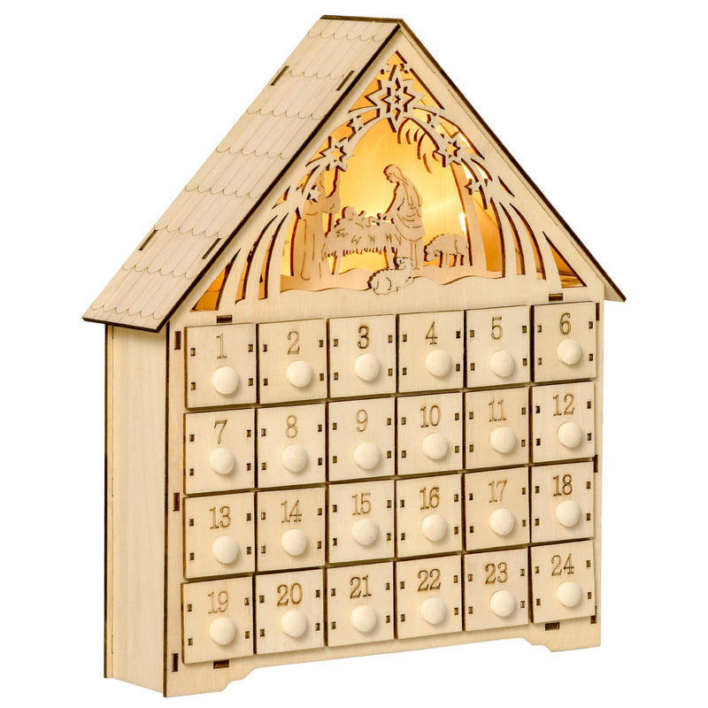 Calendario dell'Avvento  26,6x6x30 cm 24 Cassetti e Presepe Intagliato in Legno-1