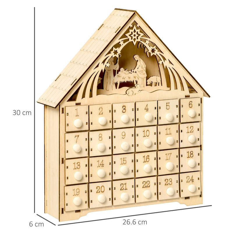 Calendario dell'Avvento  26,6x6x30 cm 24 Cassetti e Presepe Intagliato in Legno-3