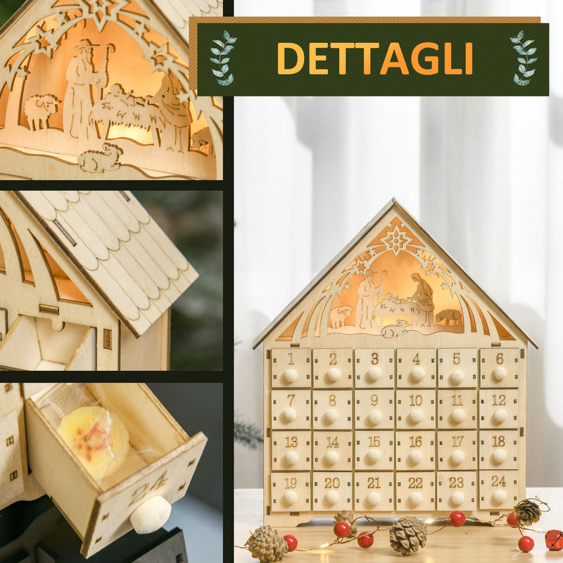 Calendario dell'Avvento  26,6x6x30 cm 24 Cassetti e Presepe Intagliato in Legno-6