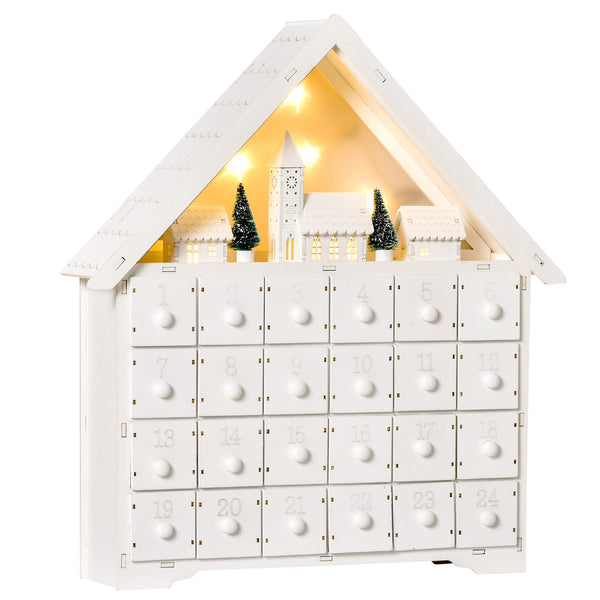 prezzo Calendrier de l'Avent 39x9x42 cm 24 tiroirs Village de Noël avec sapins et lumières Blanc