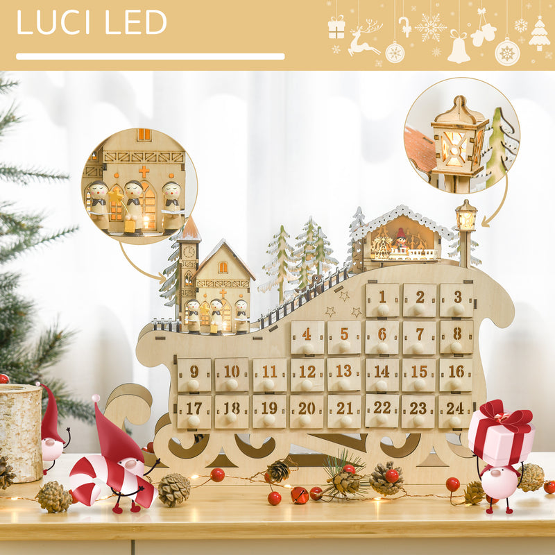 Calendario dell'Avvento  45x10x31 cm 24 Cassetti a Forma di Slitta e Luci a LED in Legno-4