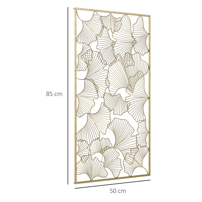 Decorazione Murale 3D Rettangolare 50x85 cm in Metallo Foglie di Ginkgo Oro-3