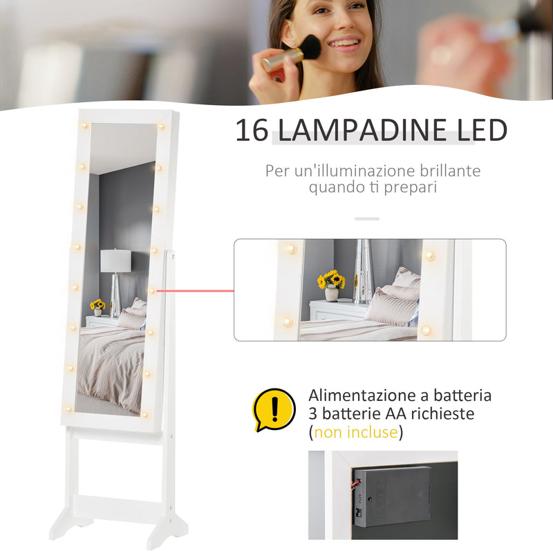 Specchio da Terra Armadio Portagioie Regolabile e Luci LED Bianco 36x30x136 cm -6