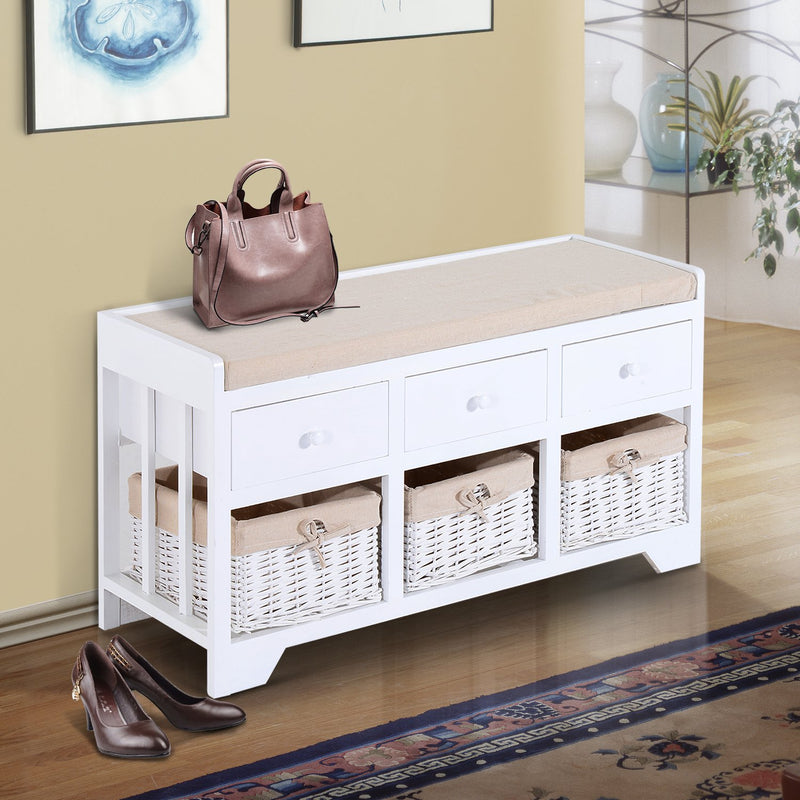 Panca Contenitore in Legno con Cassetti e Ceste in Vimini Bianco 98x34x52 cm -2