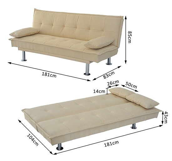 Divano Letto 2 Posti in Tessuto con 2 Cuscini Beige 181x83x85 cm -3