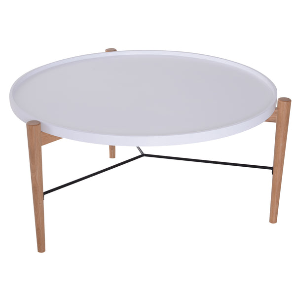 sconto Table Basse Ronde Moderne en Bois et Acier Blanc 90x45 cm