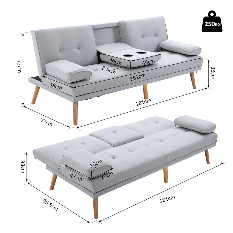 Divano Letto 3 Posti 181x77x72 cm in Tessuto  Grigio-3