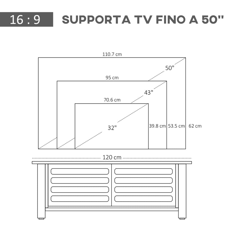 Mobile TV 3 Scomparti 2 Ante 105x40x52 cm per TV fino a 42" in Truciolato Bianco e Legno-4