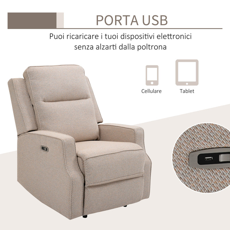 Poltrona Relax Elettrica Reclinabile con Presa USB di Ricarica in Tessuto Effetto Lino Beige-6