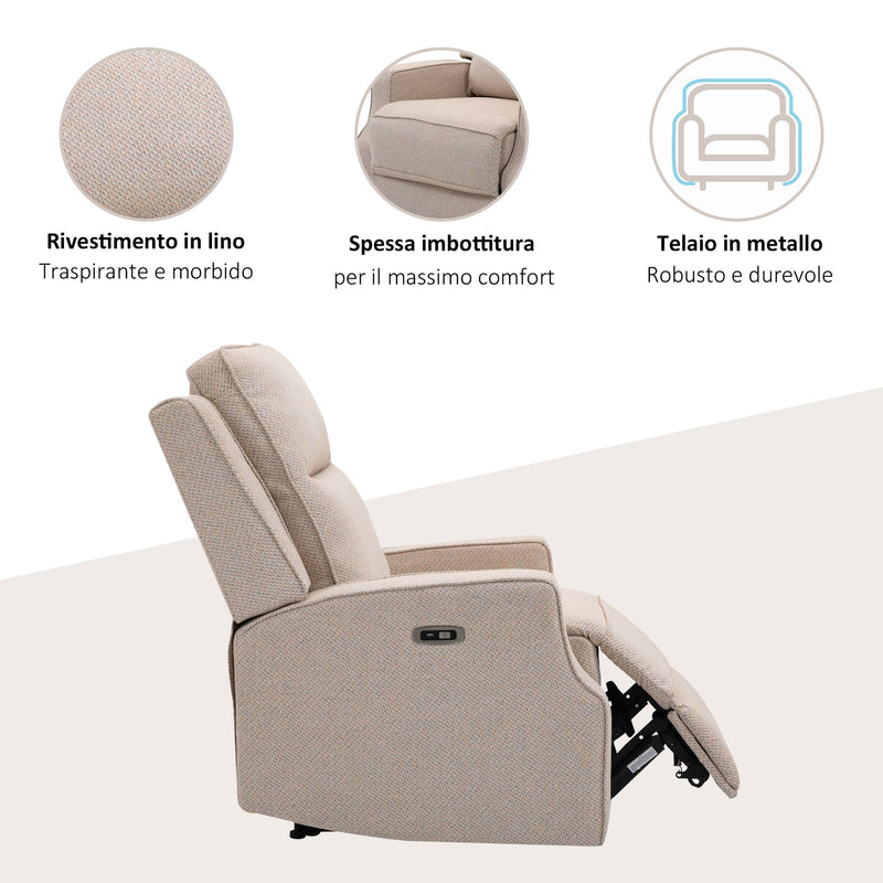 Poltrona Relax Elettrica Reclinabile con Presa USB di Ricarica in Tessuto Effetto Lino Beige-7