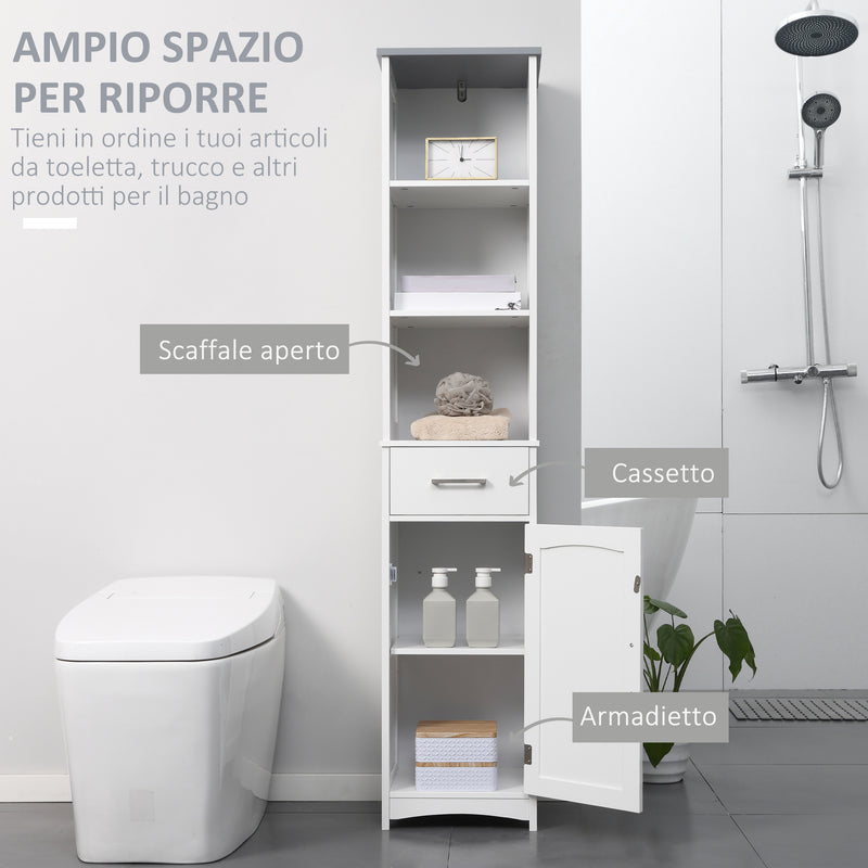 Armadietto Bagno Alto 3 Ripiani 1 Cassetto 1 Anta 34x30x163 cm in MDF Bianco-4