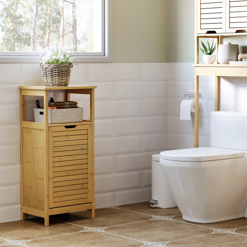 Mobiletto Bagno con Cesto Bucato 40x30x86,5 cm in MDF e Bambù Naturale-2