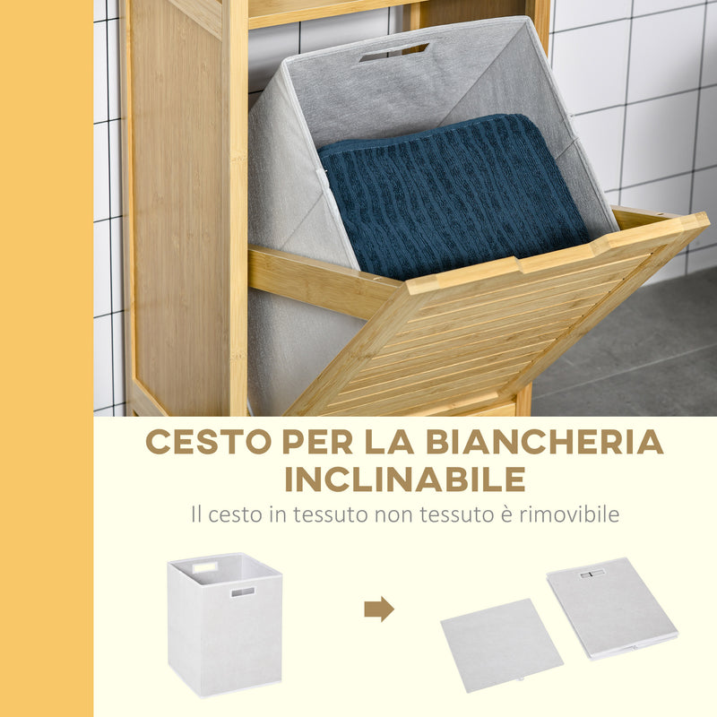 Mobiletto Bagno con Cesto Bucato 40x30x86,5 cm in MDF e Bambù Naturale-6