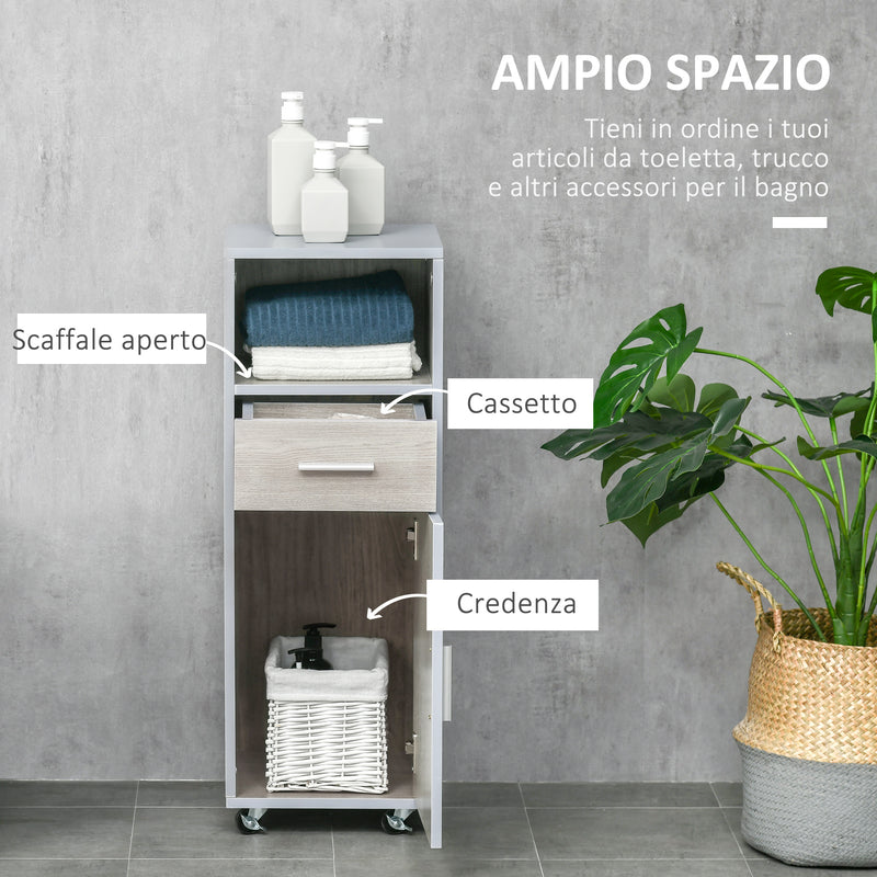 Mobiletto Bagno con Ruote 30x32x87 cm in MDF Grigio e Legno-4