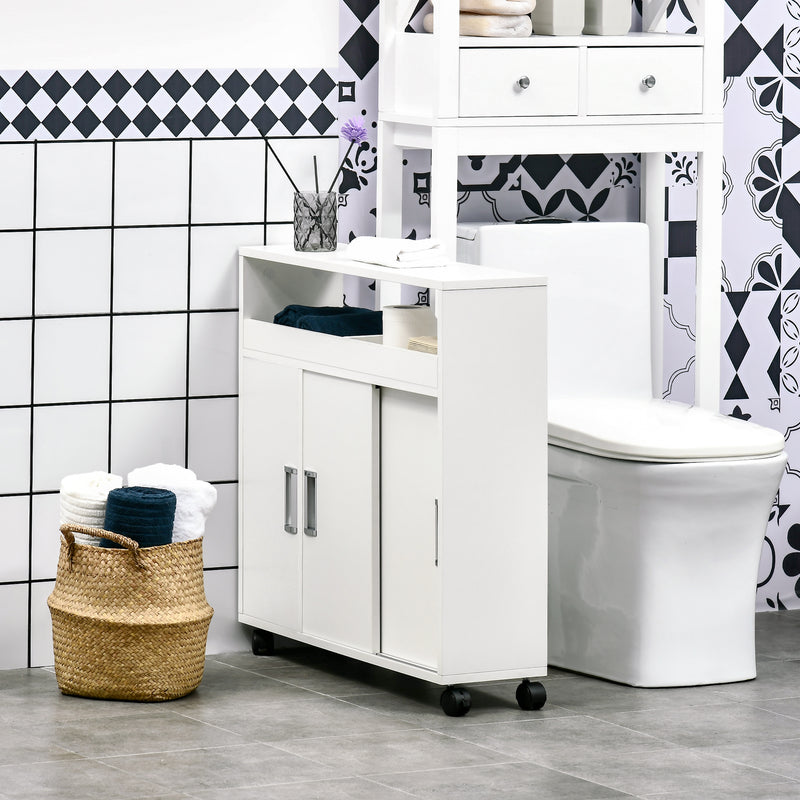 Mobiletto Bagno con Porte Scorrevoli 70x20x71 cm Ripiano Regolabile con Ruote Bianco-2