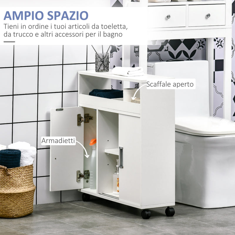 Mobiletto Bagno con Porte Scorrevoli 70x20x71 cm Ripiano Regolabile con Ruote Bianco-4