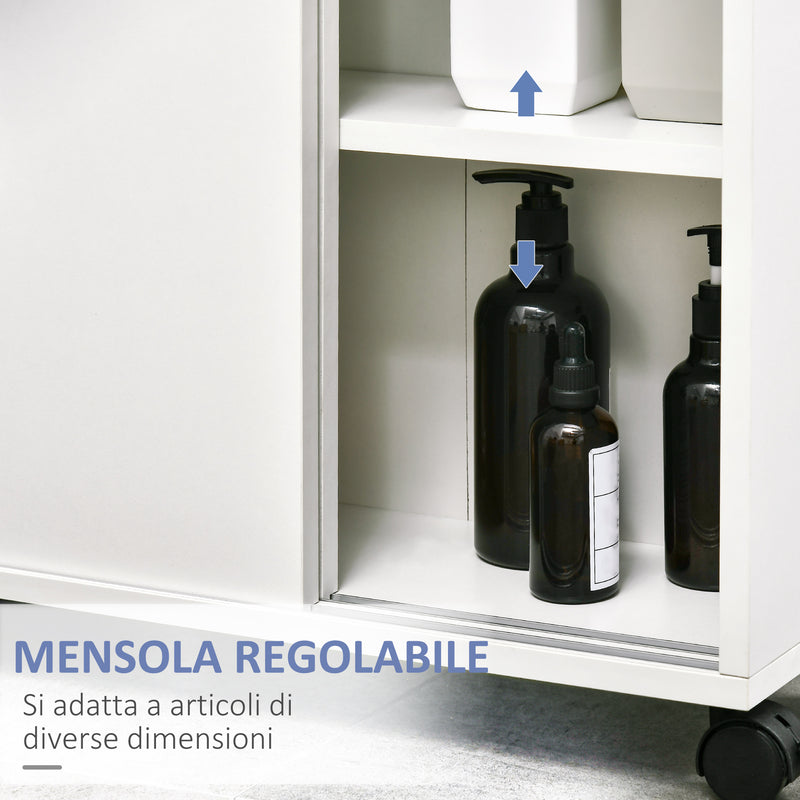 Mobiletto Bagno con Porte Scorrevoli 70x20x71 cm Ripiano Regolabile con Ruote Bianco-7